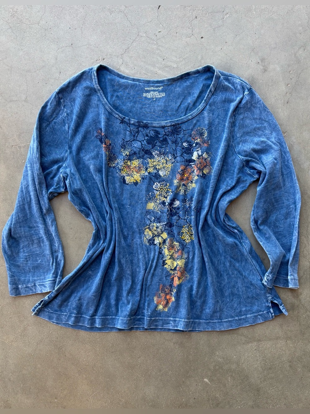 Y2K Westbound Blue Acid Wash Floral Rhinestone Embellished Long Sleeve Top XL